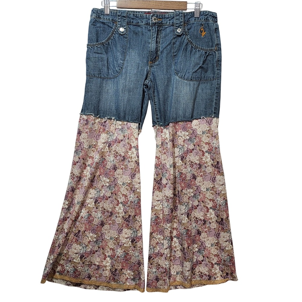Baby Phat Vintage Y2K Floral Flare Wide Leg Jeans Blue Denim Boho Women 11/12
